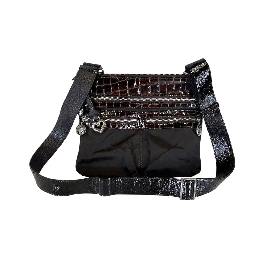 Brighton Women's Go Go Slim Brown Croco Leather and Black Nylon Crossbody Bag